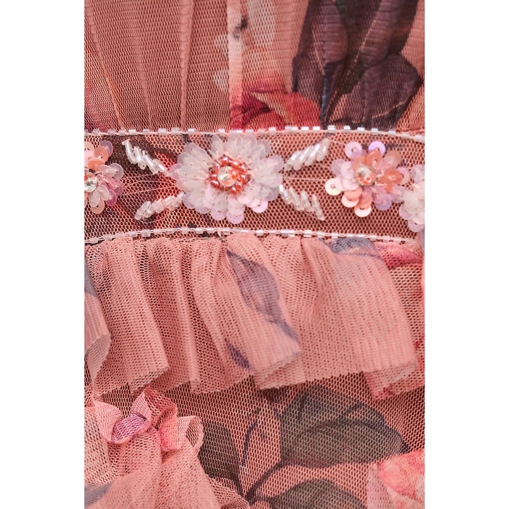 NWT MAC DUGGAL Floral Ruffle Tulle Sleeveless Beaded Cutout Waist Halter Dress 6 - Picture 9 of 9